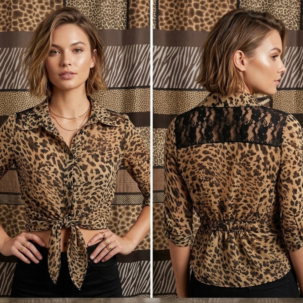 Animal print lace sheer blouse small